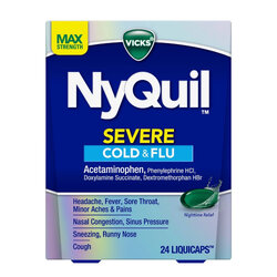ยาบรรเทาอาการหวัดและไข้หวัดสำหรับช่วงกลางคืน Vicks NyQuil SEVERE Cold & Flu Nighttime Relief Max Strength (24 LiquiCaps)