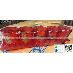 P12474 ชุดชาแดงสูงถาดยาว 5 ที่ สีใส พิมพ์ลาย No.703-705 เกรดเอ สวย ขายยกลัง (ราคาส่งต่อ 1 ลัง: 3 โหล : 36 ชุด :เฉลี่ย 25 บต่อชุด)