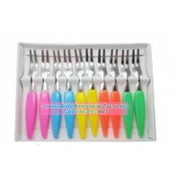 P02867 ส้อมจิ้มผลไม้ สแตนเลส แพค 10 อัน ด้ามสี ราคาส่งต่อโหล: 12 แพค