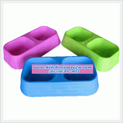 P08528 ชามข้าวน้องหมาแมว 2 ช่อง (13*28*6.5 cm) สีหวานสด 1132/k (ราคาส่งต่อ 12 โหล: 144 ใบ:เฉลี่ย 165 บ/โหล)