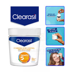 แผ่นเช็ดทำความสะอาดผิวหน้า Clearasil Stubborn Acne Control 5-in-1 Daily Pads