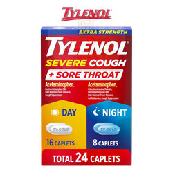 ยาบรรเทาอาการไข้หวัดและไอระคายคอสูตรเข้มข้น TYLENOL Extra Strength SEVERE COUGH + SORE THROAT Day & Night Caplets (Total 24 Caplets)