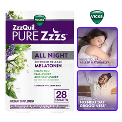 วิตามินเสริมการนอนหลับสำหรับผู้ใหญ่ Vicks ZzzQuil PURE Zzzs ALL NIGHT Extended Release Melatonin (28 Tablets)