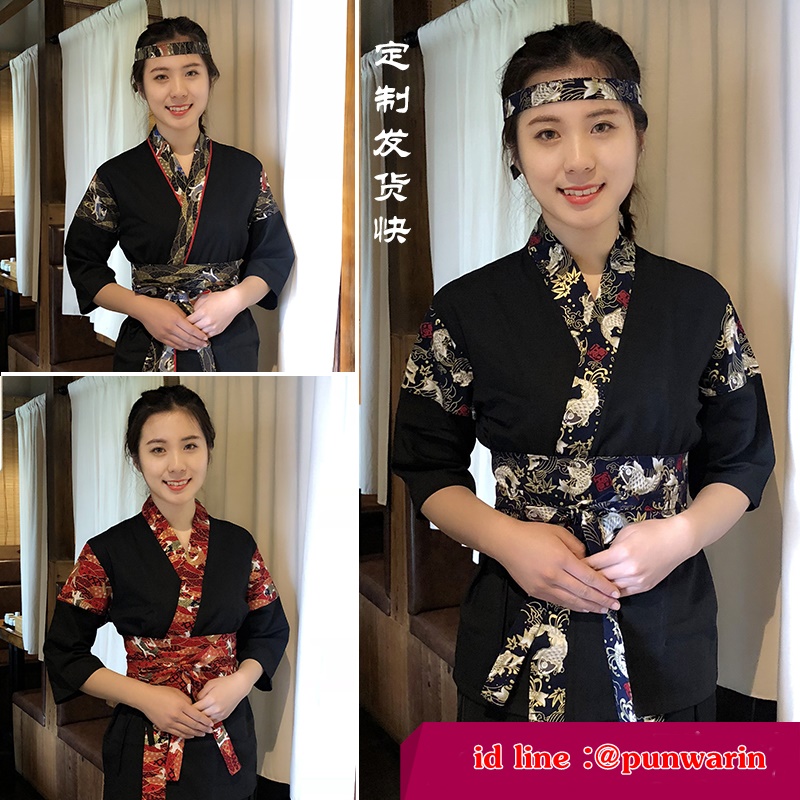 ชุดผ้าฝ้ายซูชิกิโมโนสไตร์ญี่ปุ่น สำหรับห้องอาหารญี่ปุ่นเกาหลี เสื้อพนักงานต้อนรับ เสื้อพนักงานเสริฟ G6304001