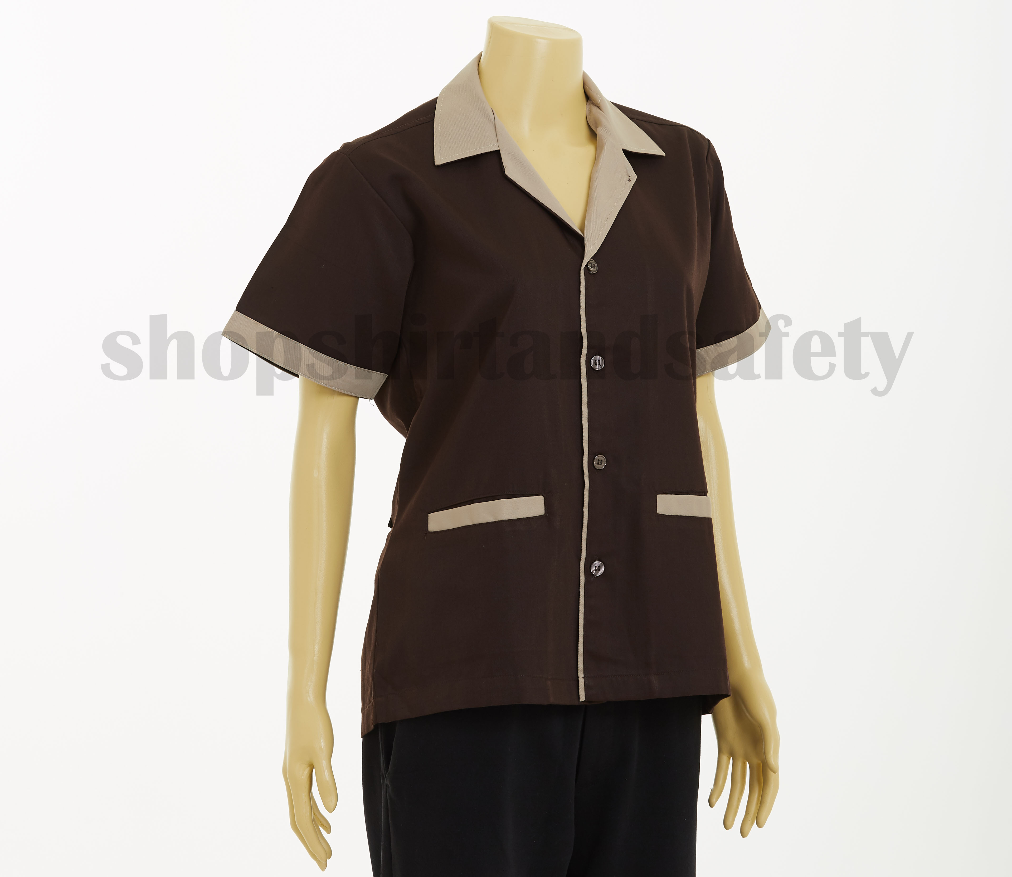 เสื้อแม่บ้านแขนสั้นคอฮาวายแบบสีน้ำตาลแก่ปกสีครีม