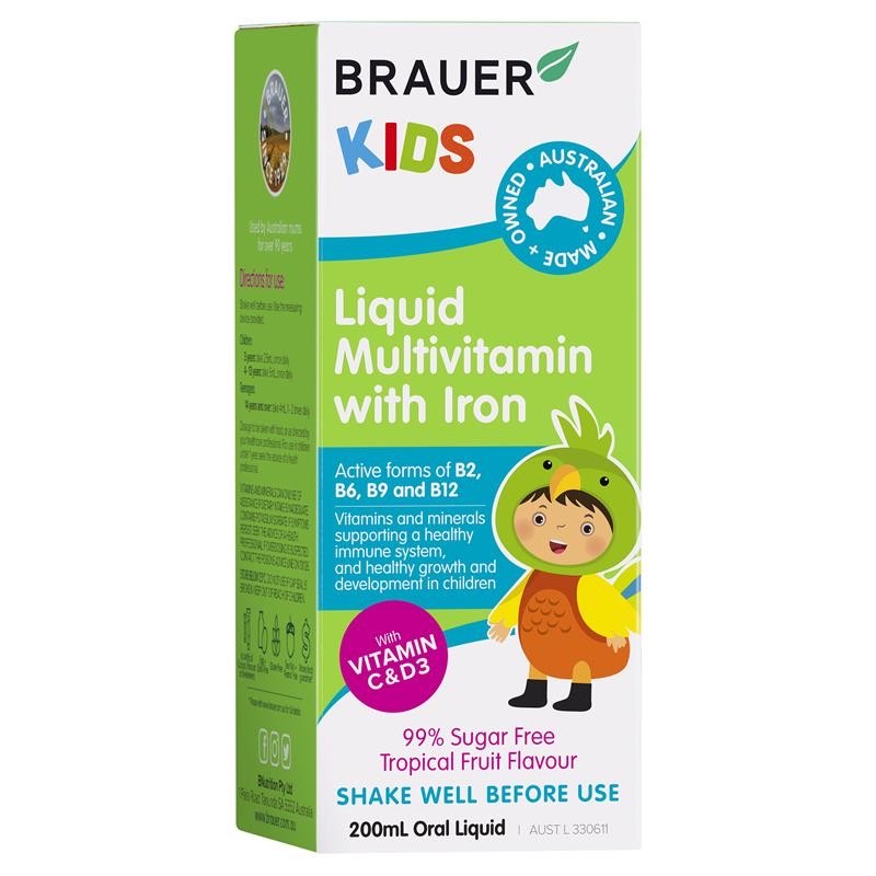 วิตามินรวมผสมธาตุเหล็กสำหรับเด็ก BRAUER Kids Liquid Multivitamin with Iron
