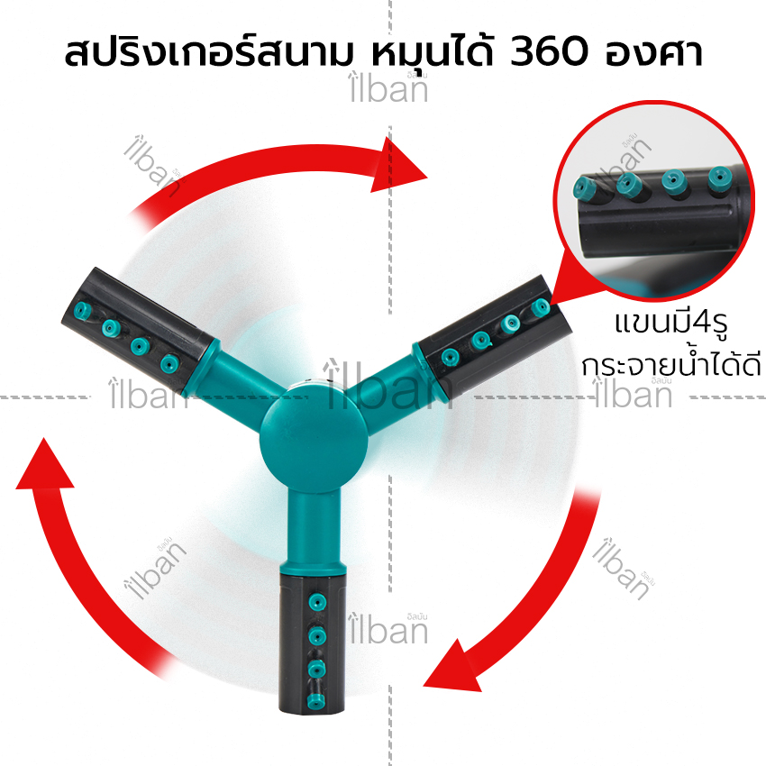 ilban สปริงเกอร์ 3แขน สปริงเกอร์สนาม หมุนได้ 360 องศา ฐานสี่เหลี่ยม ฉีดปรับมุมตรง-เฉียงได้ 45 องศา รองรับสายยาง4หุน หัวรดน้ำต้นไม้ สนามหญ้า มีข้อต่อสวมเร็ว ใช้งานได้ทันที รุ่น Garden Watering 72IU