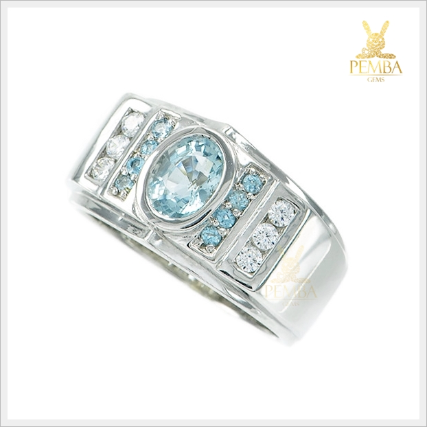 แหวนอะความารีนแท้ เงินแท้925 ชุบทองคำขาว แหวนพลอยแท้