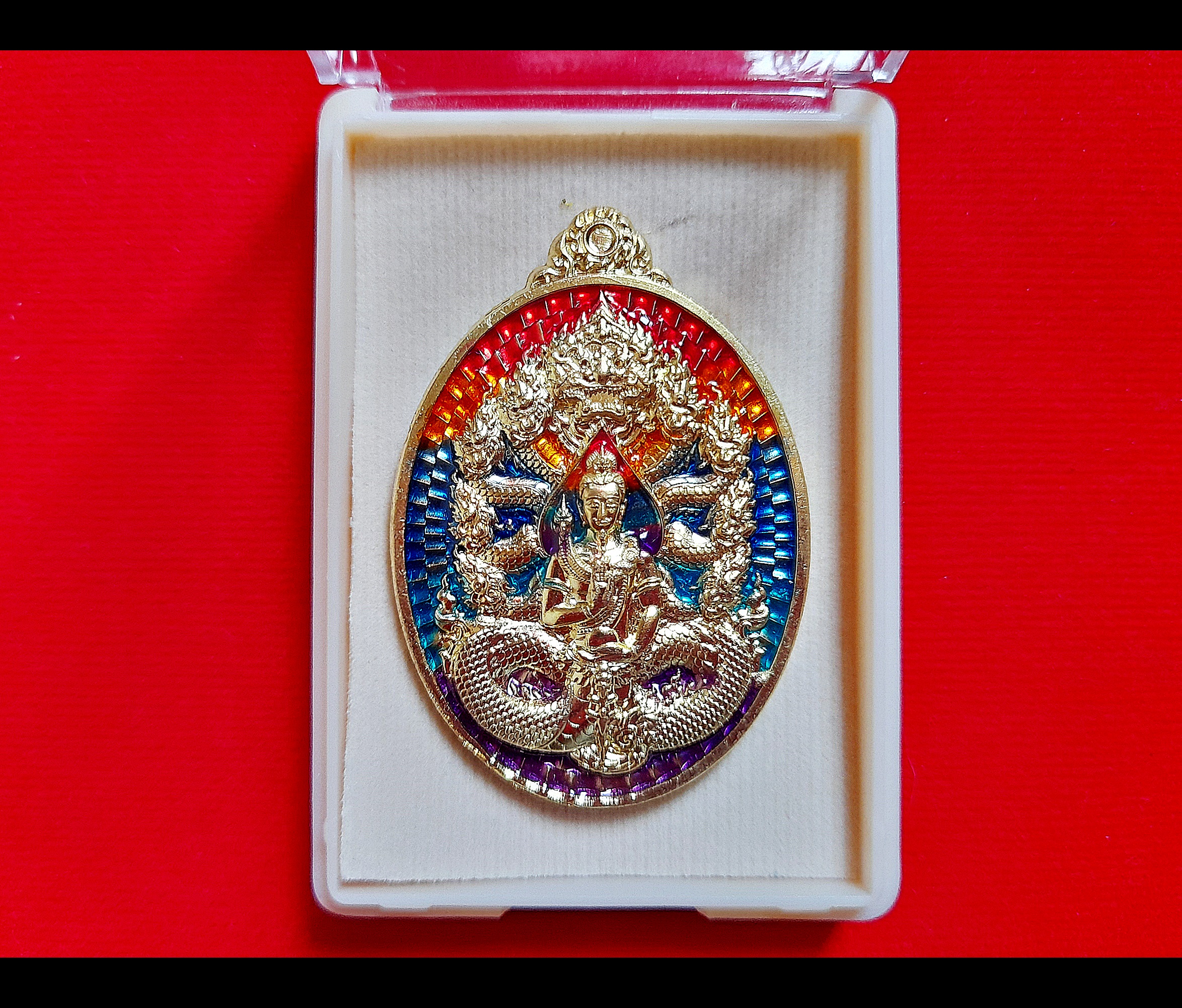 เหรียญ พญานาคราช๙เศียร หลัง นาคเกี้ยว (เก้าอธิบดี พญานาค ทั้ง๙ตระกูล) เนื้อทองฝาบาตร ลงยาสีรุ้ง ปี2565 #รับประกันแท้ #เลขโค็ดสวย๕๙๕