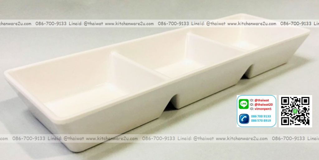 P12438 ถ้วยน้ำจิ้มเหลี่ยม 7.5 นิ้ว แบ่ง 3 ช่อง สีขาว เมลามีนแท้ Flowerware เครือซูปเปอร์แวร์ No.D2663-7.5 (ราคาส่งต่อ 12 อัน: เฉลี่ย 45 บ/อัน)
