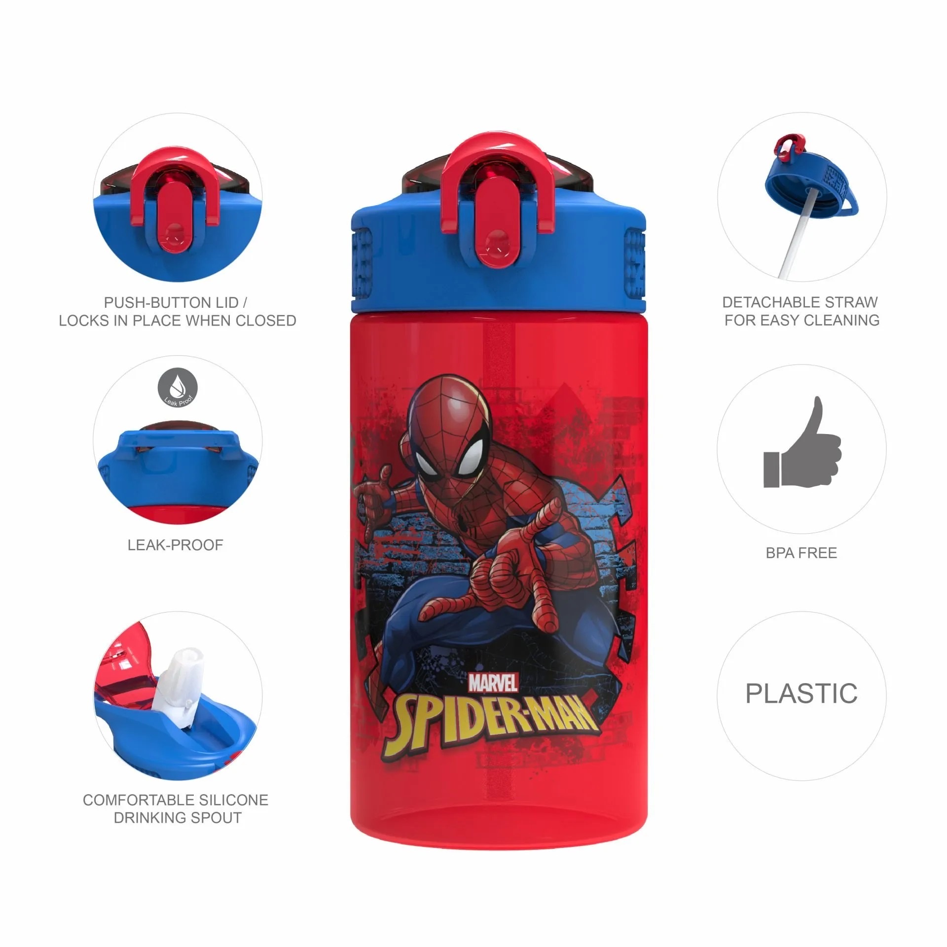 กระติกน้ำพร้อมหลอดดื่มสำหรับเด็ก Zak! Spider-Man 16 Oz. Reusable Water Bottle with Straw