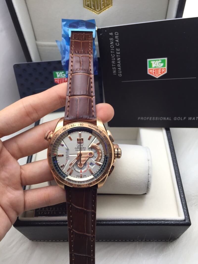 นาฬิกา Tag Heuer รุ่น Grand Carrera Calibre 36 Caliper 36 Caliper สี Pink Gold สายหนังสีน้ำตาล หน้าปัดสีขาว