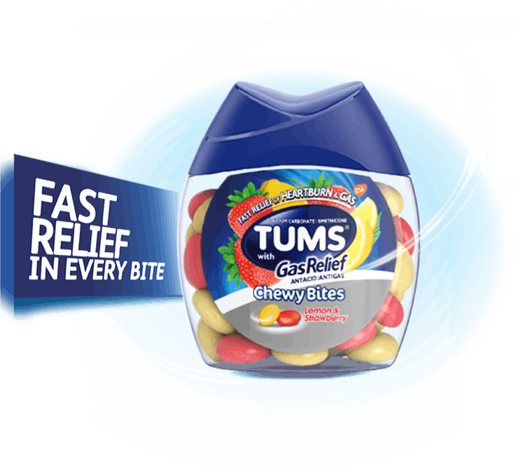 เม็ดเคี้ยวบรรเทาอาการกรดไหลย้อนและก๊าซในกระเพาะอาหาร TUMS Antacid Chewy Bites + Gas Relief - Lemon & Stawberry (28 Chewable Tablets)
