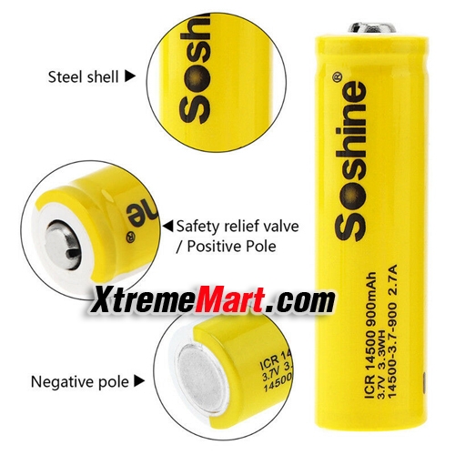 แบตเตอรี่ชาร์จ Soshine 14500 AA 3.7V 900mAh Li-ion แบบไม่มีวงจรป้องกัน สีเหลือง-ขาว ของแท้(แพ็ค 4 ก้อน)