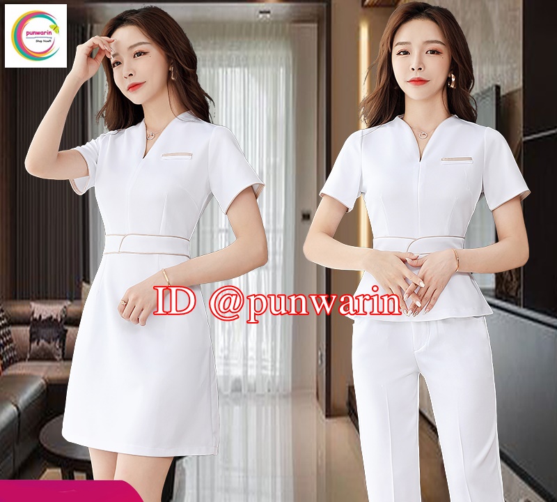 ชุดพนักงานนวดสปา ชุดพนักงานเสริมสวย ชุดสปาชุดหญิง SK6403006 ขาว ดำ S-4XL