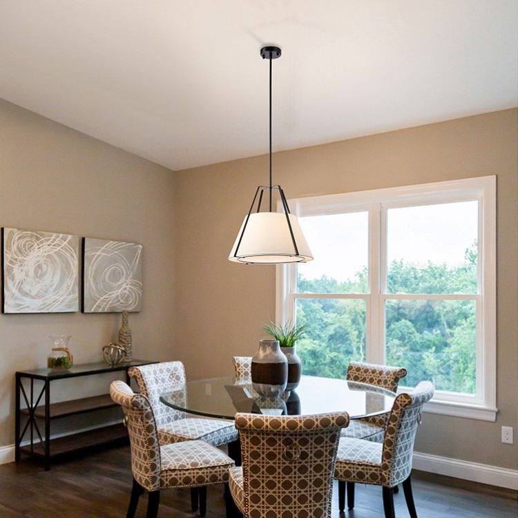 โคมไฟแขวนเพดานโป๊ะผ้าทรงกรวยตัด เสริมโครงเหล็กด้านนอก มีแผ่นกรองแสงด้านล่าง [PDFB-8444]