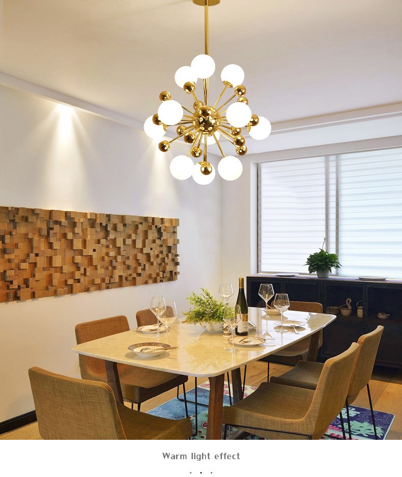 โคมไฟแขวนเพดานโครงสีทอง ทรง Dandelion โป๊ะแก้วสีขาวกลม สไตล์ Northern Europe