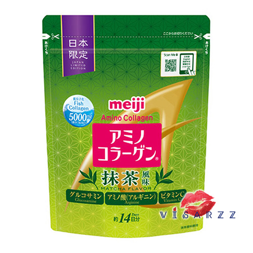 (สูตร Matcha) Meiji Amino Collagen Matcha Flavor 98g (14 วัน) เมจิ คอลลาเจนรสชาเขียว ผสมกลูโคซามีนและวิตามินซี ช่วยบำรุงผิว ผิวนุ่มชุ่มชื้น ดูสวยใสเป็นธรรมชาติ