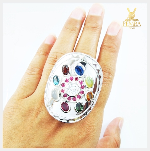 แหวนนพเก้า ตามตำรา เงินแท้925 ชุบทองคำขาว ไซส์ใหญ่พิเศษ