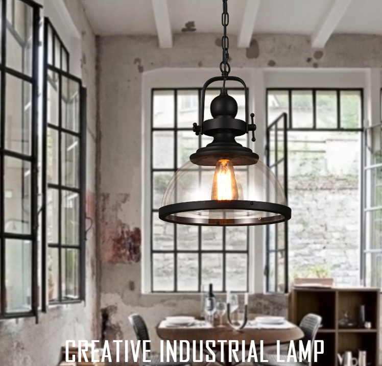 โคมไฟแขวนเพดานกระจกใสโครงสีดำ Iron Glass [GB3137]