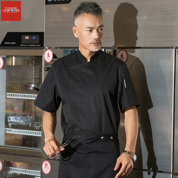 เสื้อเชฟ,เสื้อกุ๊ก,เสื้อเชฟโรงแรม,เสื้อเชฟชาย,เสื้อเชฟหญิง,ชุดเชฟโรงแรม มีตาข่ายระบายอากาศสาบหลัง C6805001 ดำ ขาว M-4XL