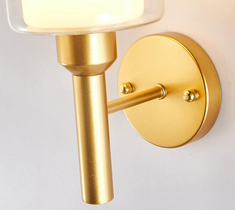 โคมไฟติดผนังภายใน โป๊ะโคมแก้วทรงกระบอก 2 ชั้น ตัวโคมสีทองสไตล์โมเดิร์นคลาสสิค [2034-gold]