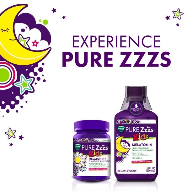 วิตามินช่วยเสริมการนอนหลับสำหรับเด็กชนิดกัมมี่ Vicks PURE Zzzs Kidz Melatonin + Chamomile & Lavender Gummies (24 Gummies)