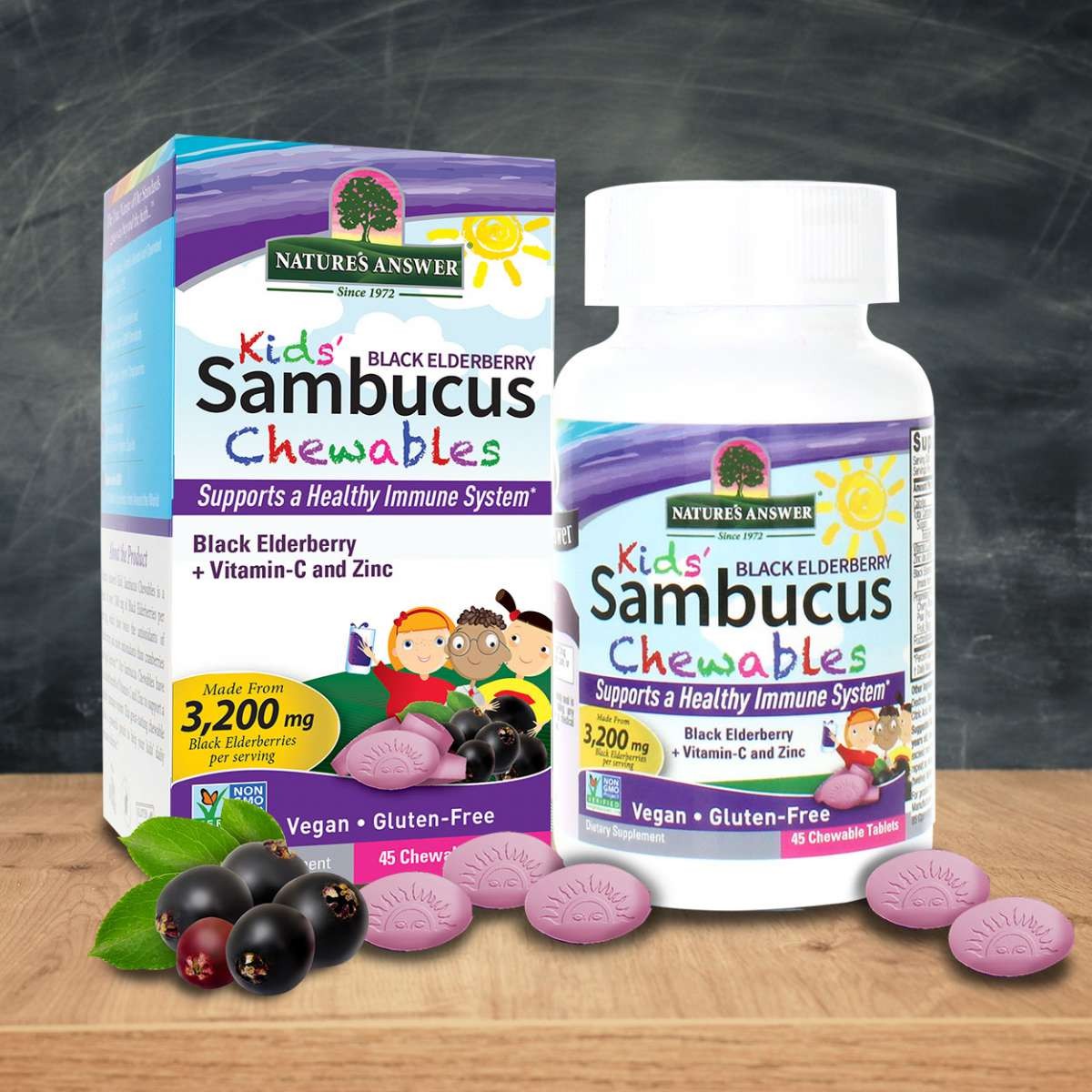 วิตามินเสริมภูมิคุ้มกันสำหรับเด็กแบบเม็ดเคี้ยว Nature's Answer Kids' Sambucus Black Elderberry Chewables with Vitamin C & Zinc