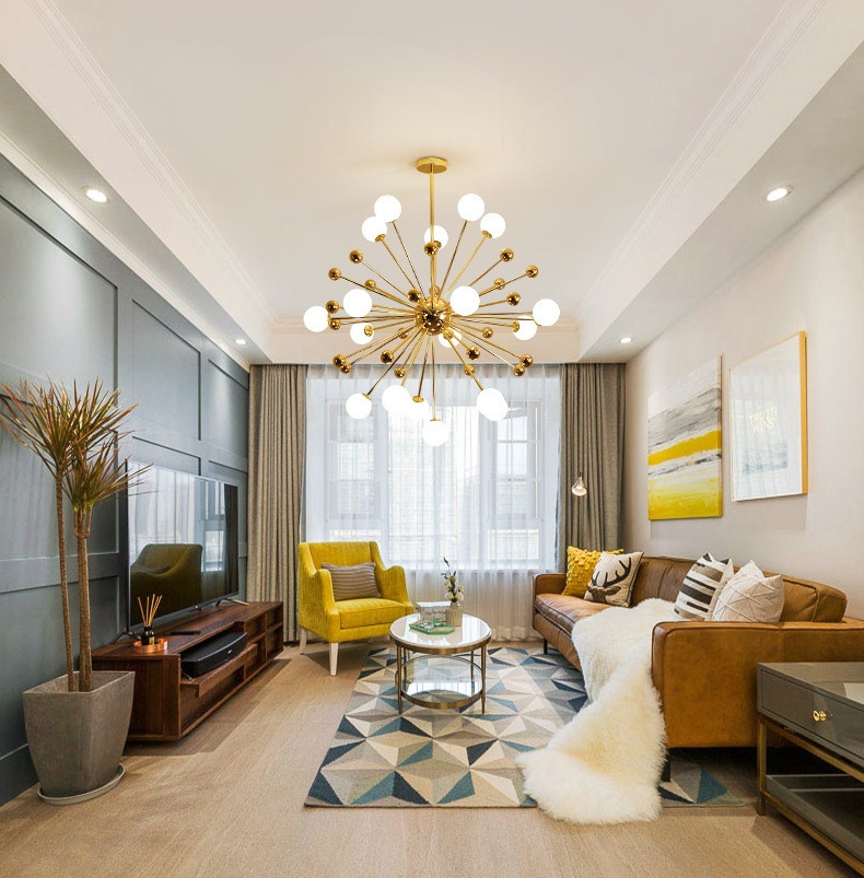 โคมไฟแขวนเพดานโครงสีทอง ทรง Dandelion โป๊ะแก้วสีขาวกลม สไตล์ Northern Europe