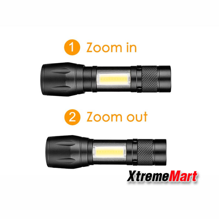 ไฟฉายซูมขนาดเล็ก+โคมไฟ COB ด้านข้าง + คลิปเหน็บ แสงขาว 3 โหมด พร้อมสายชาร์จ USB ชาร์จได้ในตัว