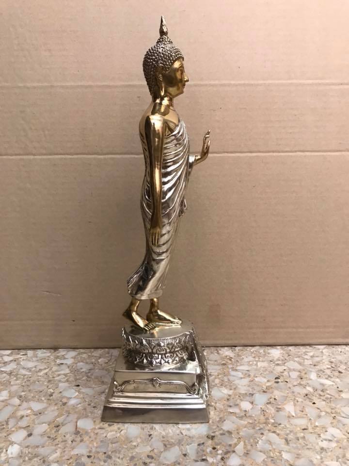 รูปหล่อ พระบูชา พระพุทธรูป ทรงยืน ปางลีลา ประทานพร (ความสูง15นิ้ว) เนื้อทองเหลือง สี2กษัตริย์