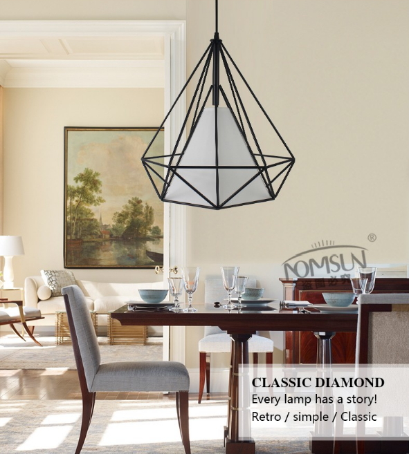 โคมไฟห้อยเพดานเหล็กดัด อเมริกัน โมเดิร์น ทรงเพชร สีดำ