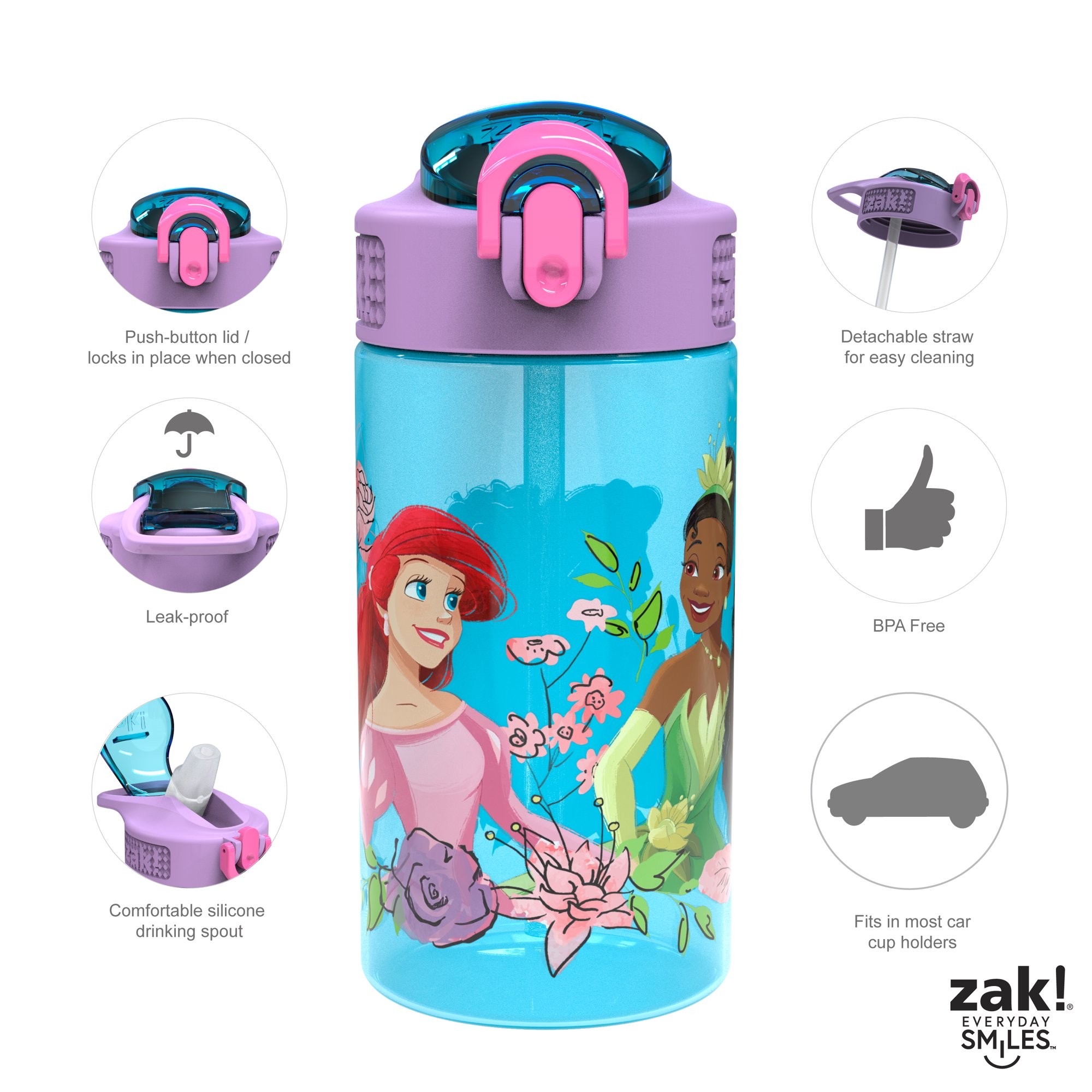 กระติกน้ำพร้อมหลอดดื่มสำหรับเด็ก Zak! Disney Princess 16 Oz. Reusable Water Bottle with Straw