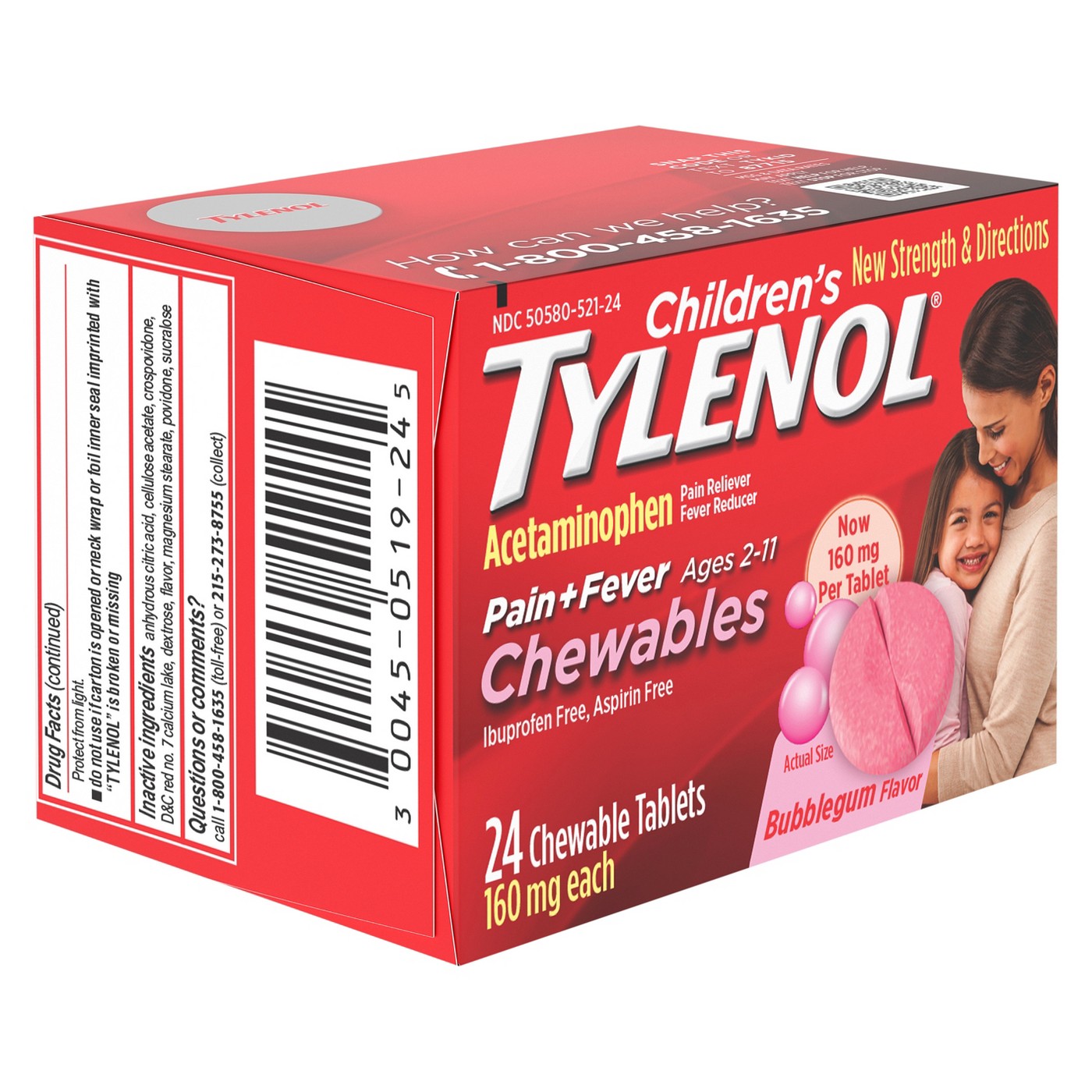 ยาแก้ปวดลดไข้แบบเม็ดเคี้ยวสำหรับเด็ก Tylenol Children's Pain+Fever Chewables (Bubblegum)