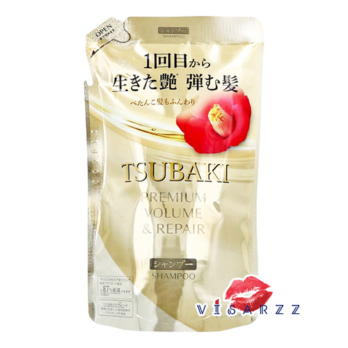 (ถุงทอง Refill Shampoo 300mL) Shiseido Tsubaki Premium Volume & Repair Shampoo Refill 300mL สูตรช่วยบำรุงผมเสีย ผมลีบแบน ให้ดูเงางาม มีวอลลุ่มเพิ่มขึ้น แชมพูเนื้อเจล ไม่มีส่วนผสมของซิลิโคน