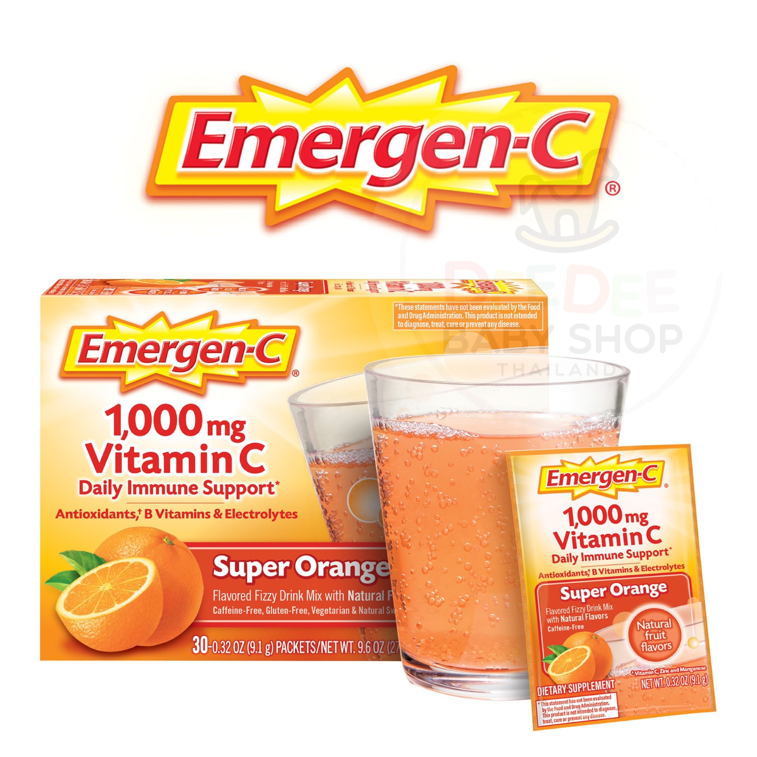 วิตามินเสริมภูมิคุ้มกันแบบซองละลายน้ำ Emergen-C 1,000mg Vitamin C Daily Immune Support (Super Orange)