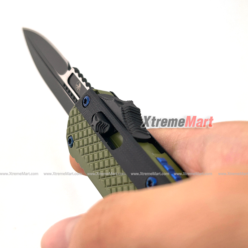 มีดสปริงขนาดใหญ่ Microtech (ด้ามอลูมินั่ม 2-Tone) 2คมเรียบ ใบดำ ด้ามเขียว คลิปสีน้ำเงิน Combat Troodon Automatic Knife