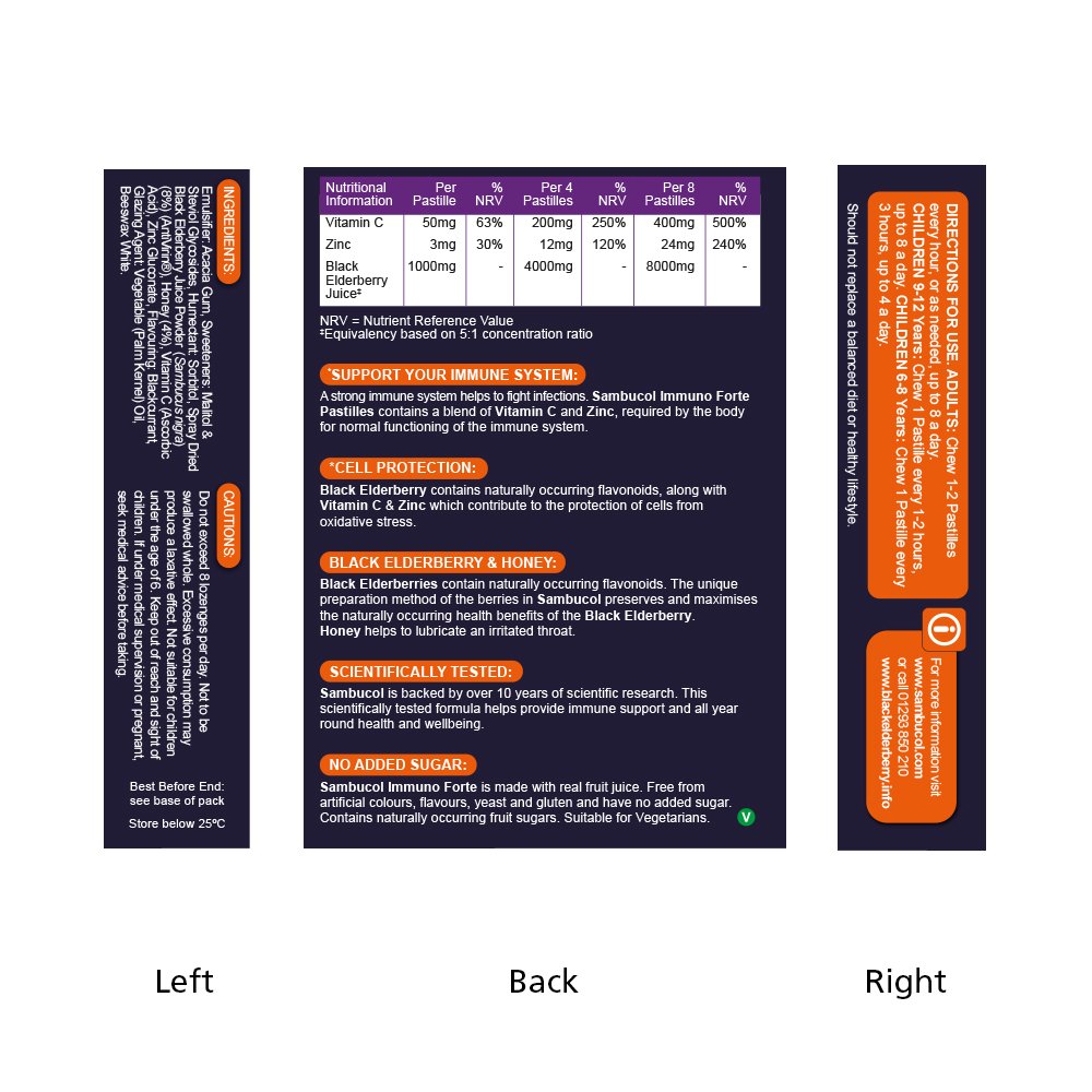 วิตามินเสริมภูมิคุ้มกันสำหรับเด็กโตและผู้ใหญ่ Sambucol Black Elderberry Pastilles IMMUNO FORTE + Vitamin C + Zinc