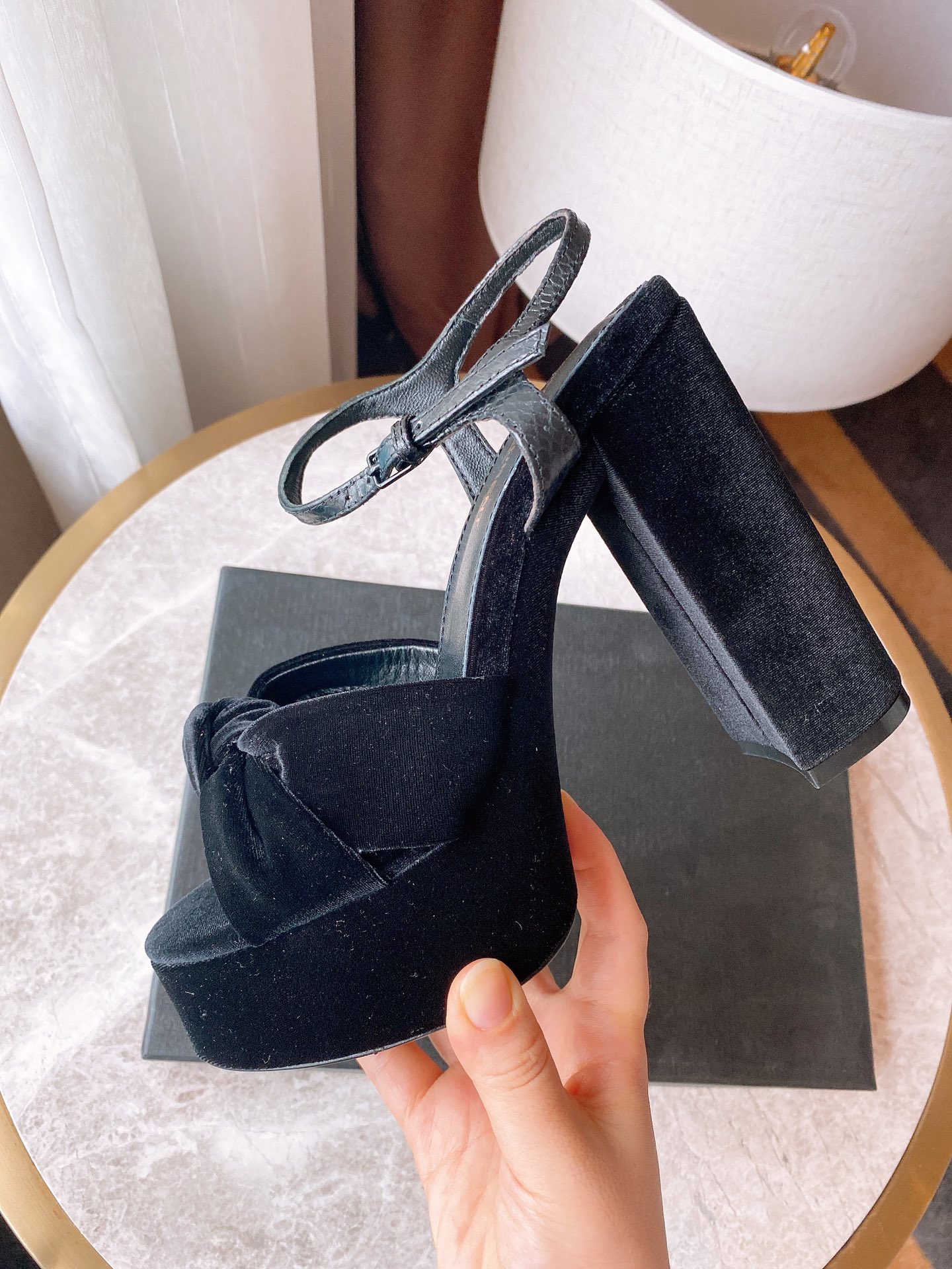 รองเท้าส้นสูง YS ผูกโบว์ หนัง import อิตาลี สูง 12.5 cm ด้านหน้า 4 cm size 35-41