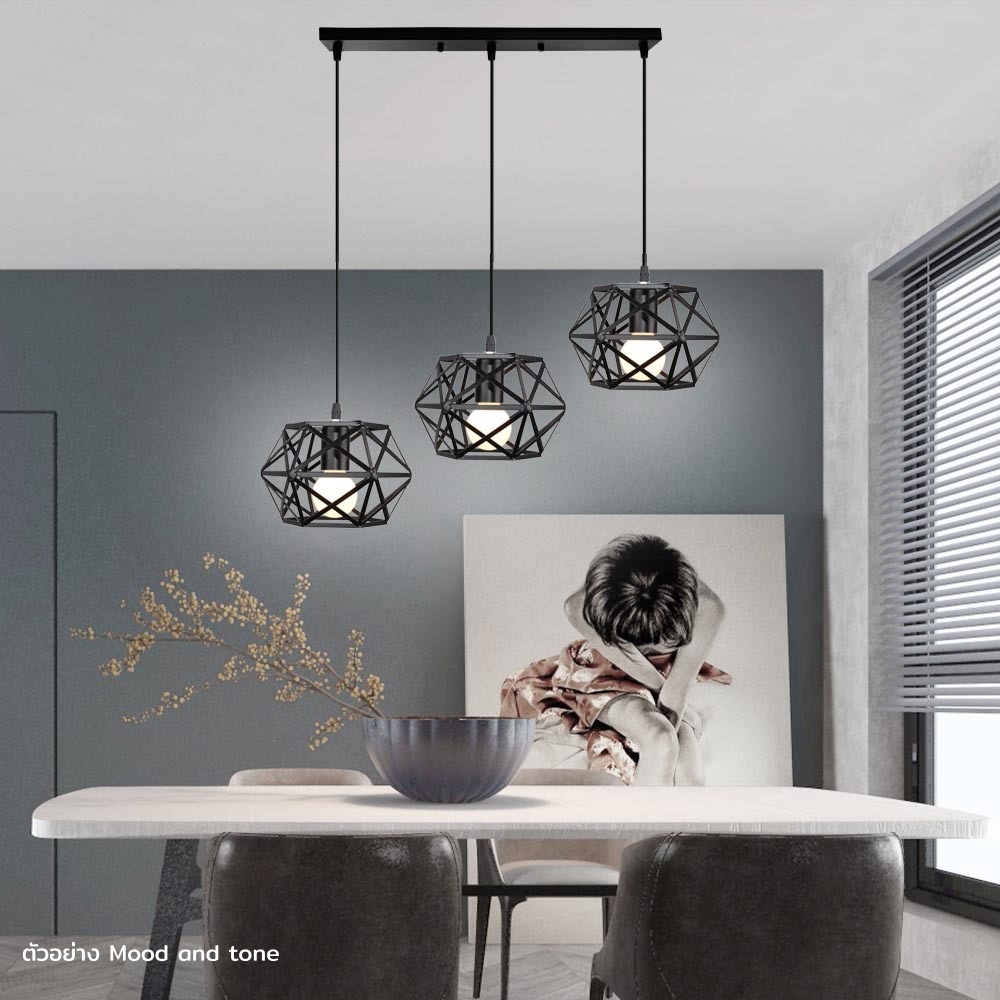 โคมไฟแขวนเพดานเหล็กดัดลายเส้นไขว้สีดำทรงหกเหลี่ยมสไตล์นอร์ดิก [ST-3705]