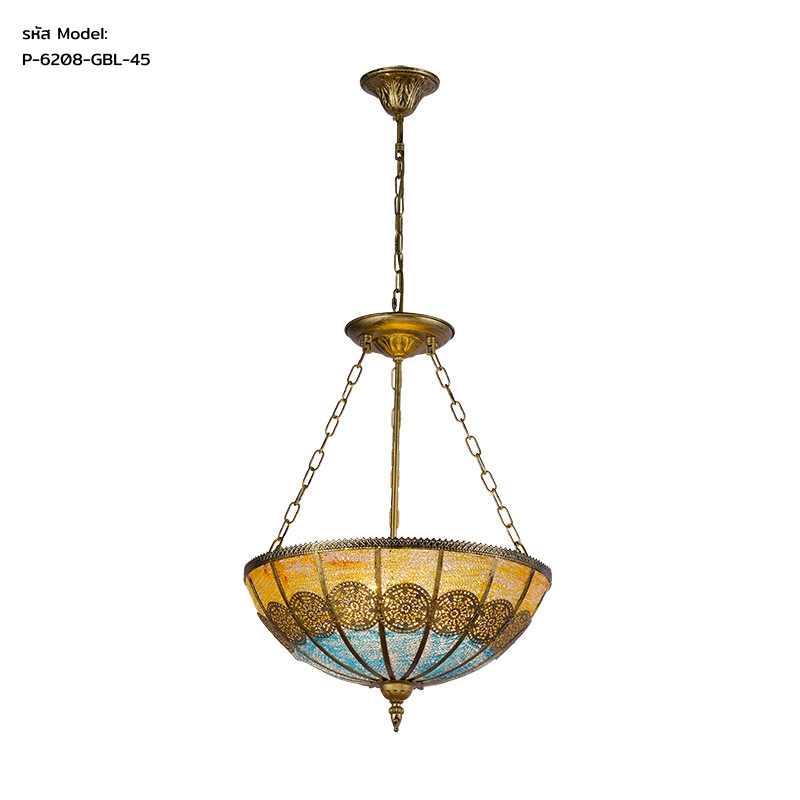 โคมไฟแขวนเพดานสไตล์โมร็อกโกโครงเหล็กสีทองและกระจกสีสไตล์วินเทจ [P-6208]