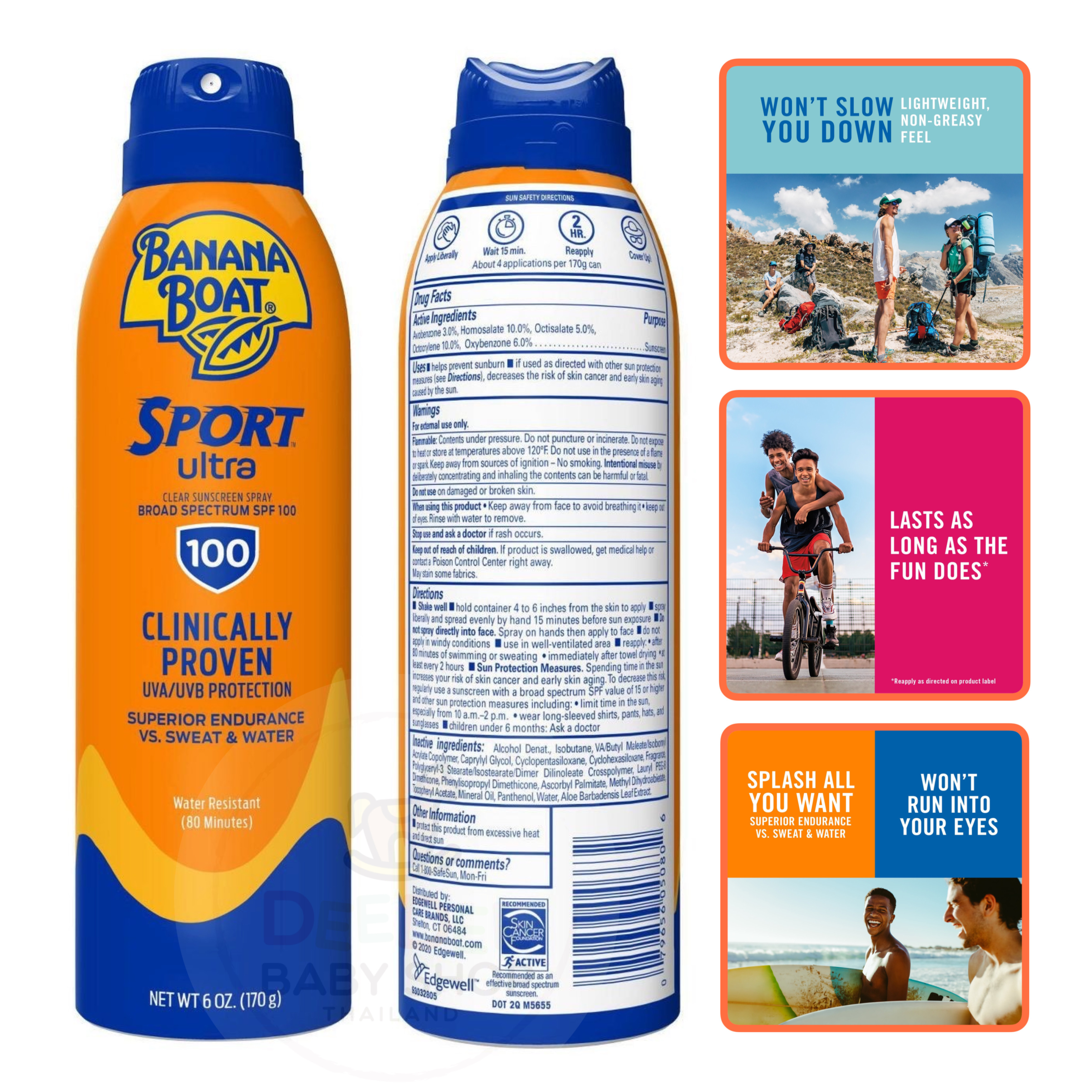 สเปรย์กันแดดสำหรับผิวหน้าและผิวกาย Banana Boat Sport Ultra Clear Sunscreen Spray SPF100