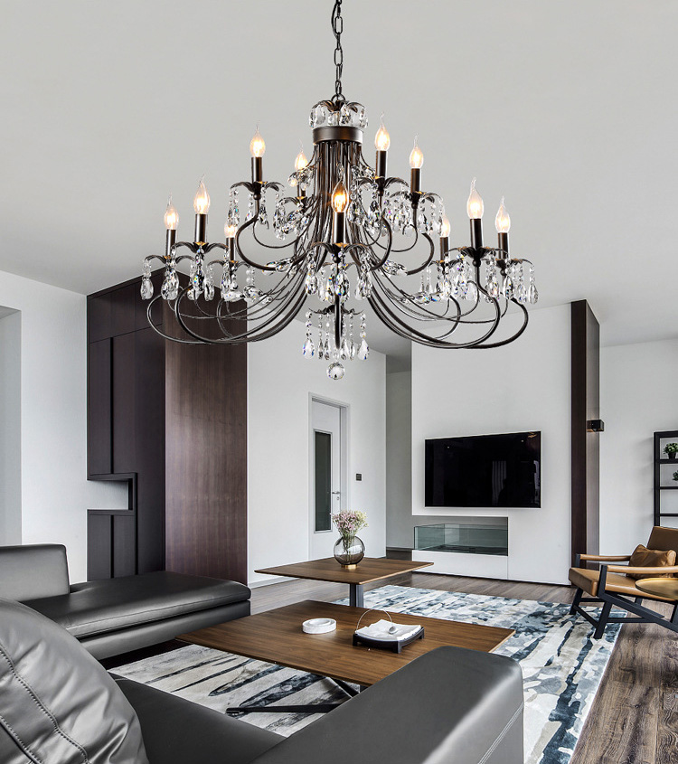 โคมไฟระย้าเหล็กดัดสีดำดวงไฟลายแท่งเทียนตกแต่งคริสตัลสไตล์อเมริกันโมเดิร์น [XD1176]