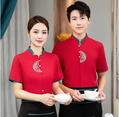 ชุดพนักงานภัตตาคารร้านอาหารจีนโรงน้ำชาญี่ปุ่นเกาหลี แขนสั้น F6705022 แดง น้ำเงิน เหลือง เขียว L -4XL
