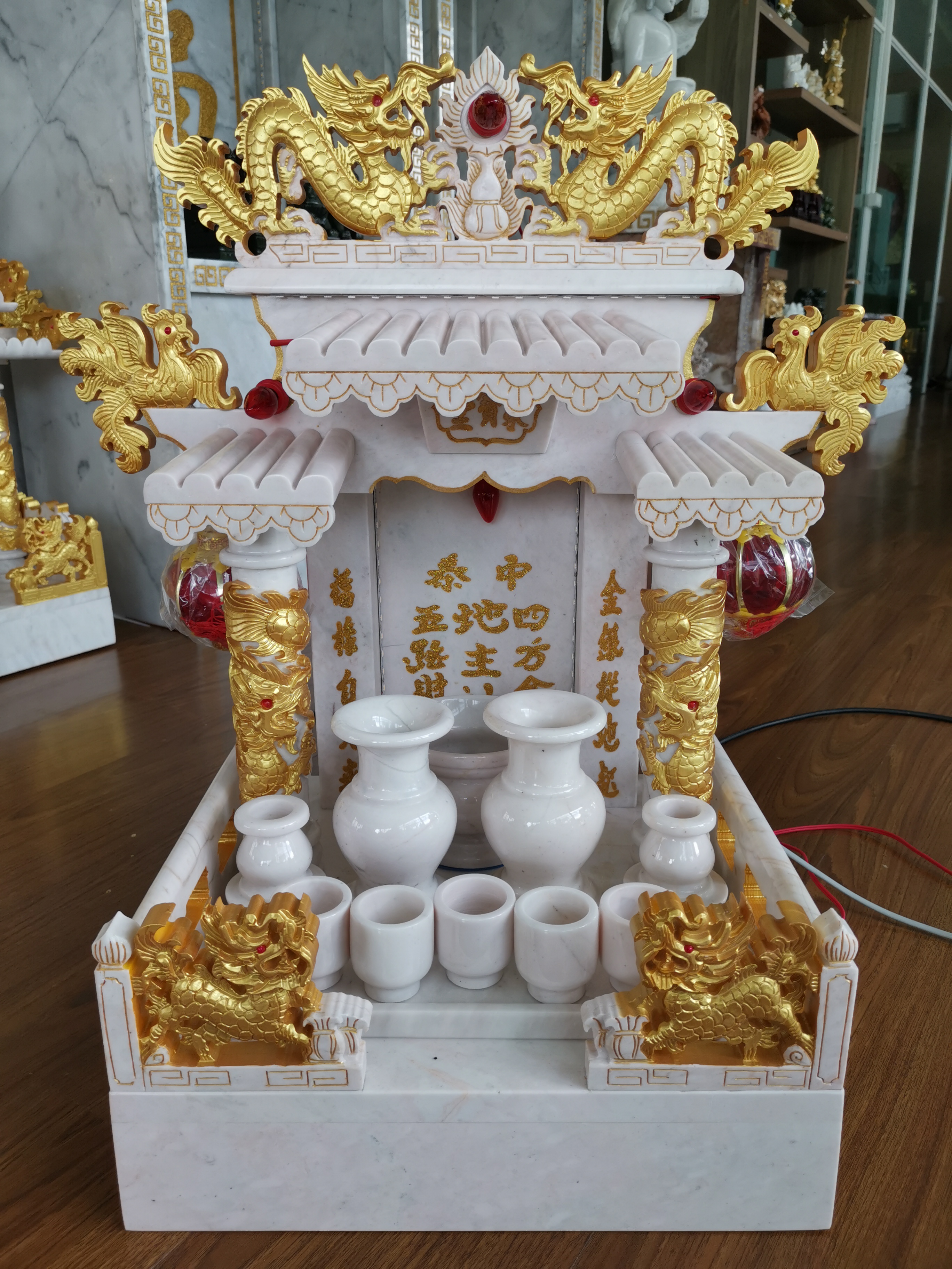 ตีจู้หินอ่อน ตีจู้เอี๊ยะ 16นิ้ว 2เสา 3หลังคา หินขาวพ่นทอง