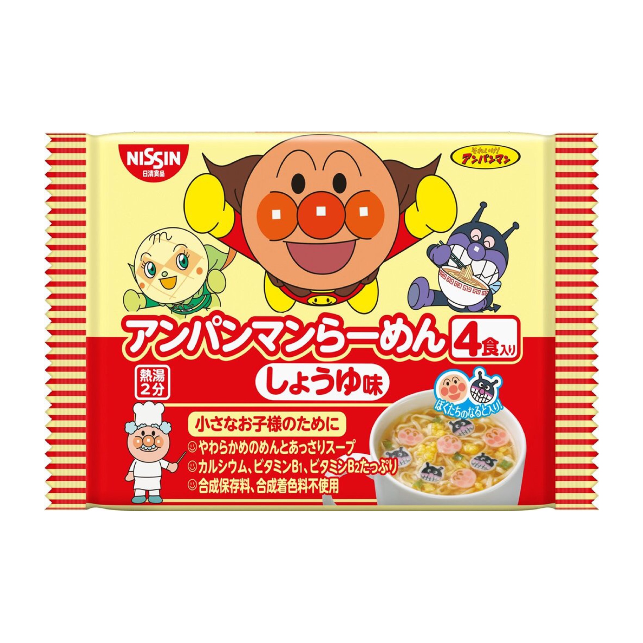 บะหมี่กึ่งสำเร็จรูปอันปังแมนสำหรับเด็ก Nissin 4-Pack Anpanman Instant Noodles (Shouyu Ramen)