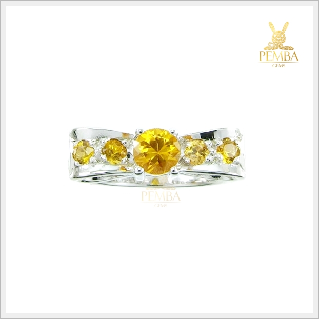 แหวนบุษราคัม เงินแท้ ชุบทองคำขาว ดีไซน์รูปโบว์สุดเก๋ แหวนพลอยแท้