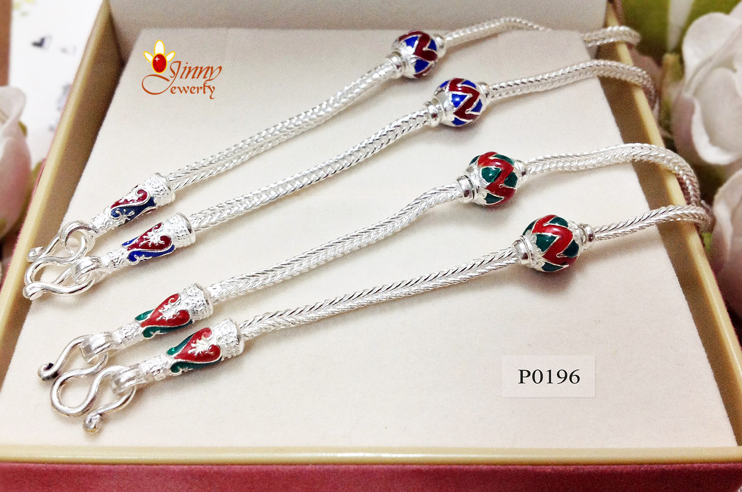 สร้อยเงินแท้ ลายสี่เสาลงยาสีแดงน้ำเงิน สีเขียวแดง (งานไทย) ความหนา 2.0 มิล