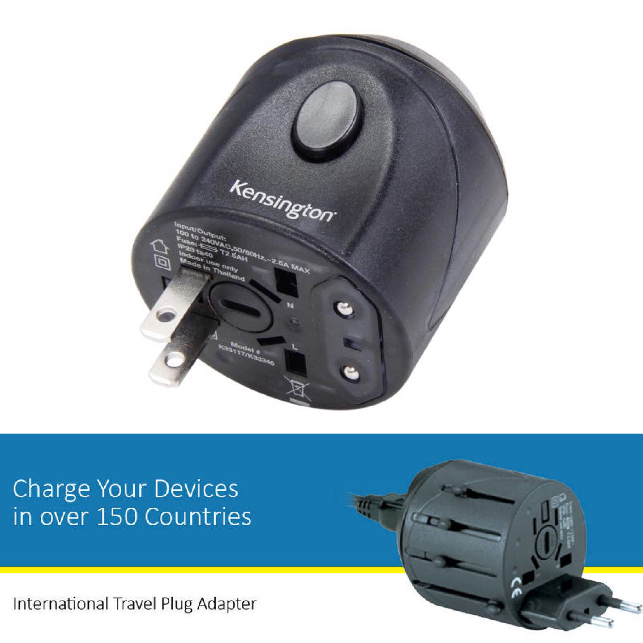 อแดปเตอร์แปลงระบบไฟฟ้า Kensington รุ่น International All-in-1 Travel Plug Adapter (K33117)