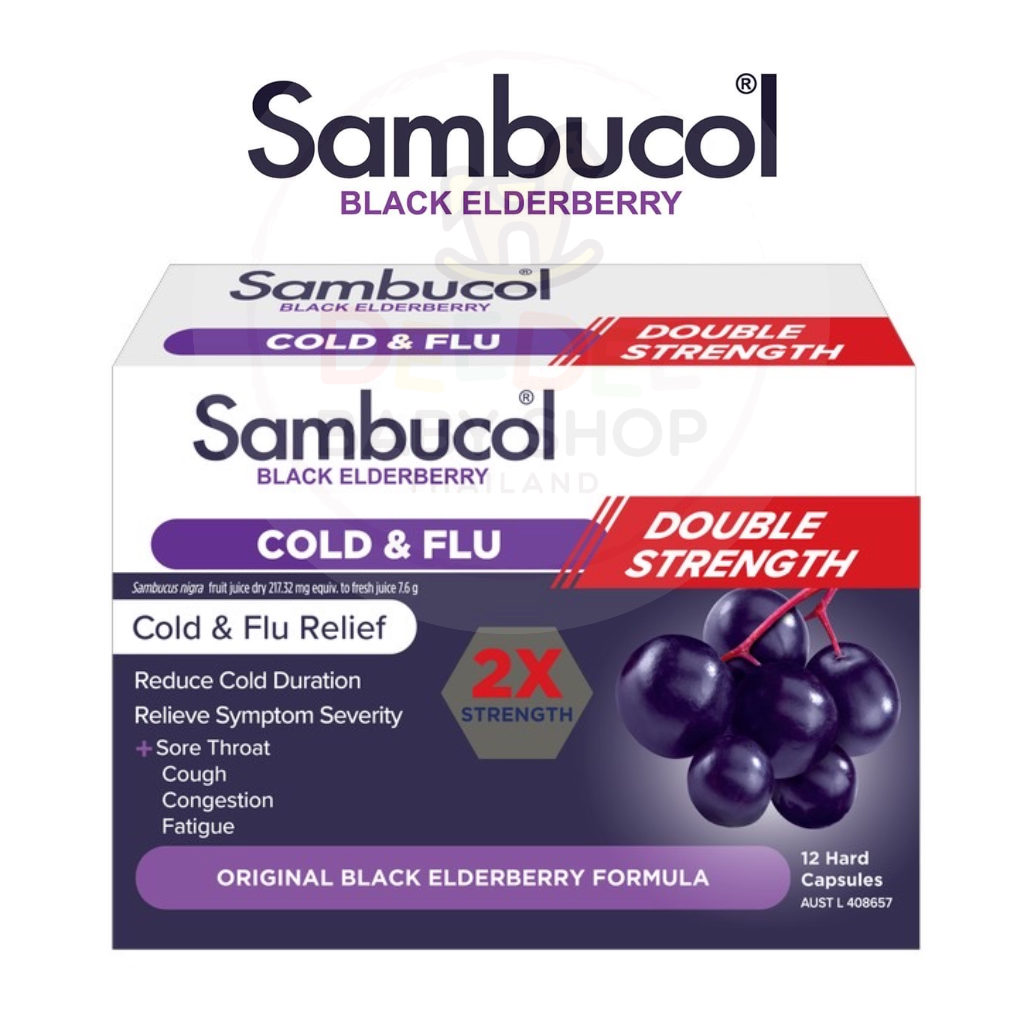 วิตามินบรรเทาอาการหวัดและไข้หวัดพร้อมเสริมภูมิคุ้มกันสูตรเข้มข้น Sambucol Black Elderberry Cold & Flu Relief Doubel Strength